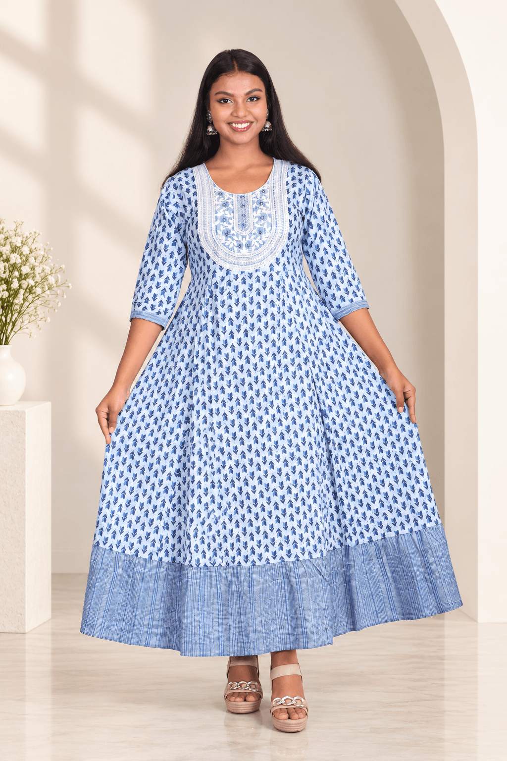 Women's Sky Blue Printed Cotton Anarkali Dress