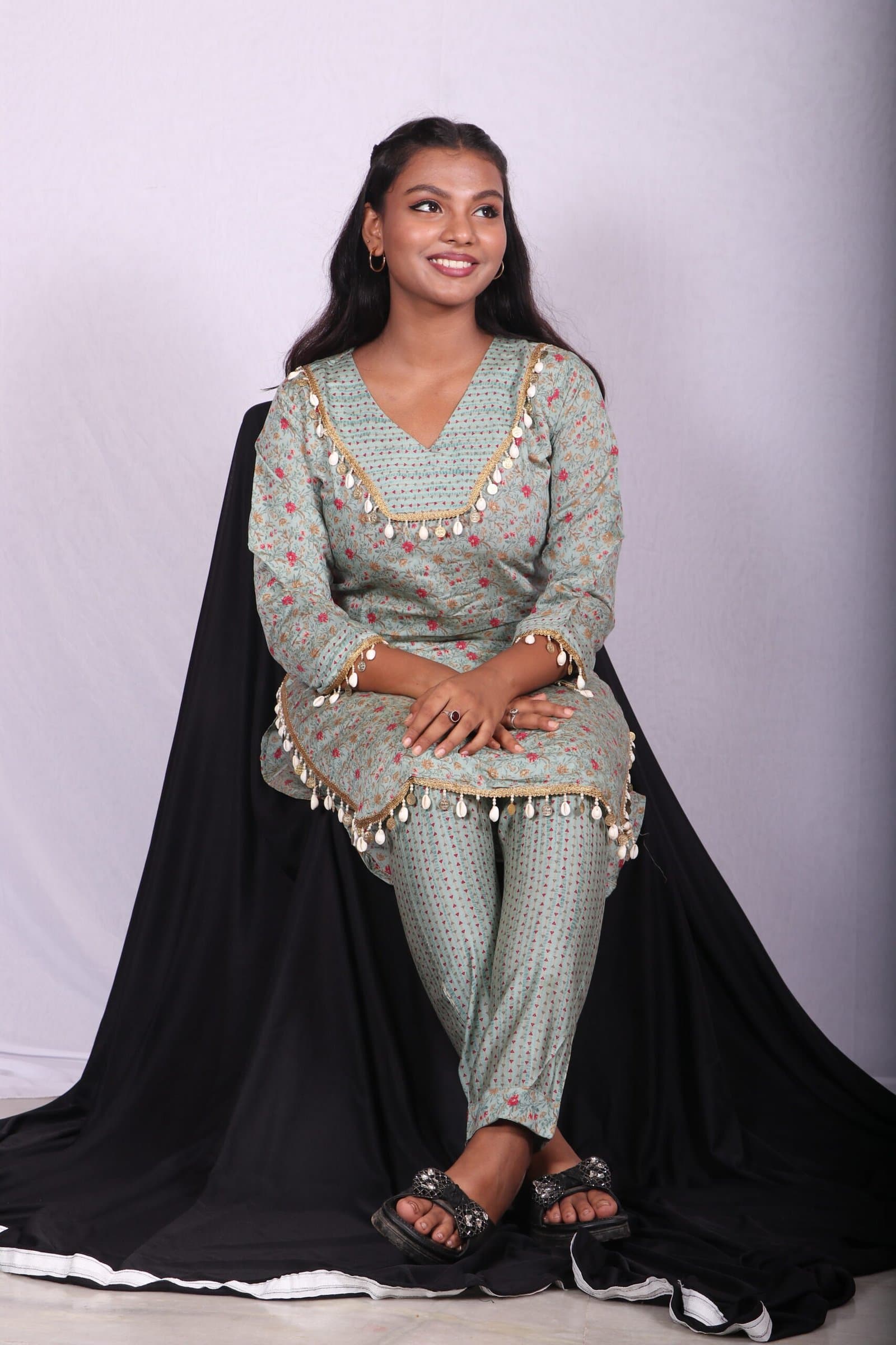 Women's Printed Kurta Pant Set | V-Neck Ethnic Co-Ord Set with Tassel Lace Detail | 3/4 Sleeves Casual &amp; Festive Wear