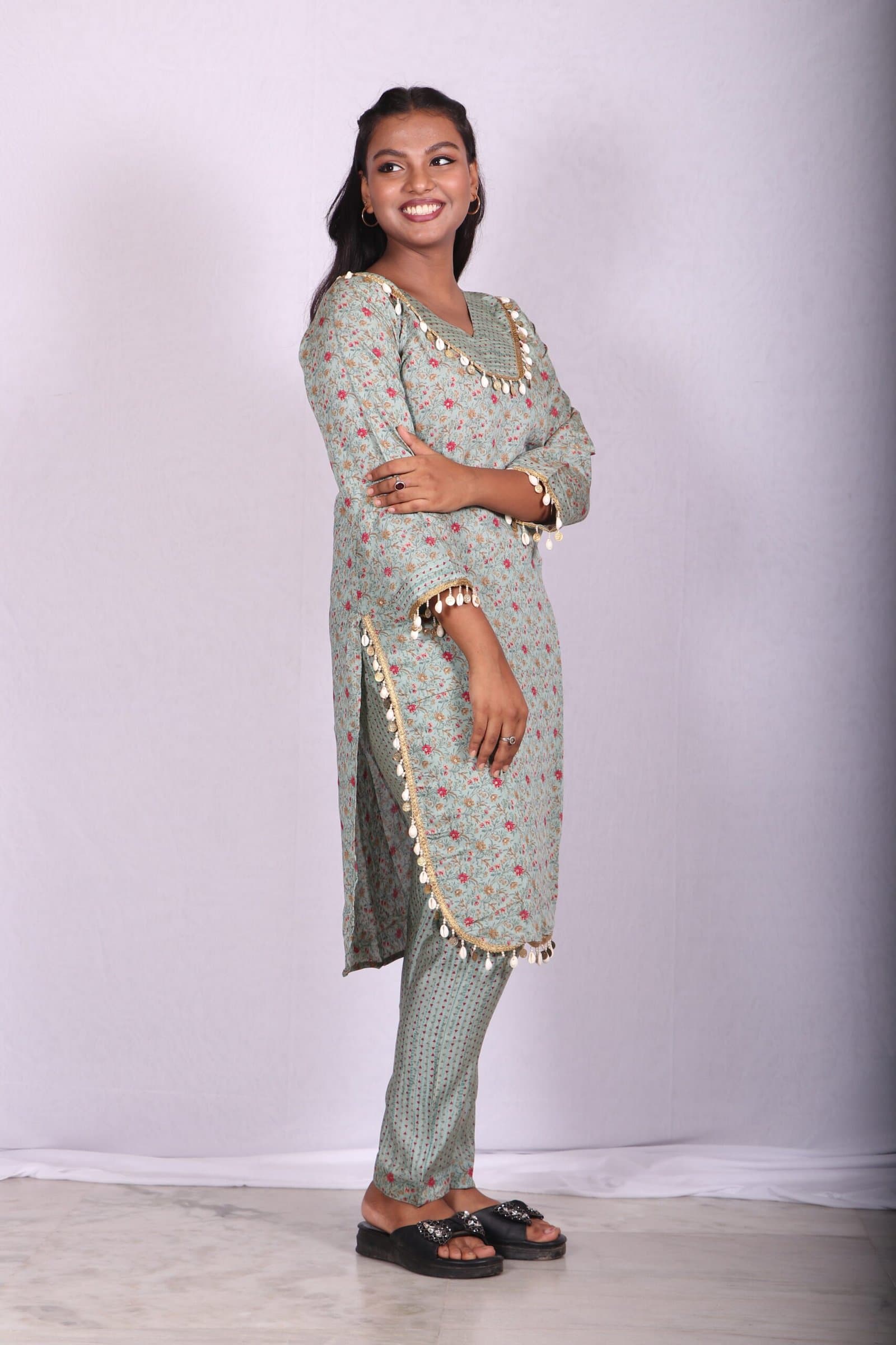 Women's Printed Kurta Pant Set | V-Neck Ethnic Co-Ord Set with Tassel Lace Detail | 3/4 Sleeves Casual &amp; Festive Wear