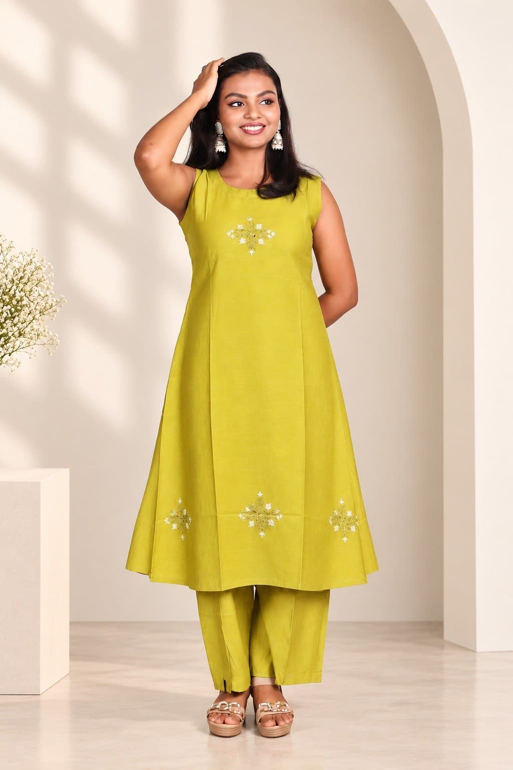 Women's Mustard Yellow Sleeveless A-Line Kurta Pant Set | Embroidered Ethnic Co-Ord Set | Casual &amp; Festive Wear