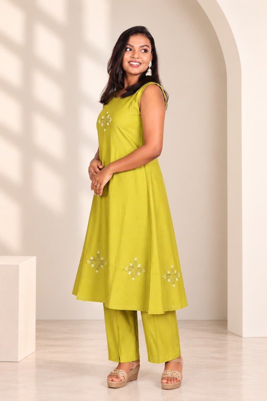Women's Mustard Yellow Sleeveless A-Line Kurta Pant Set | Embroidered Ethnic Co-Ord Set | Casual &amp; Festive Wear