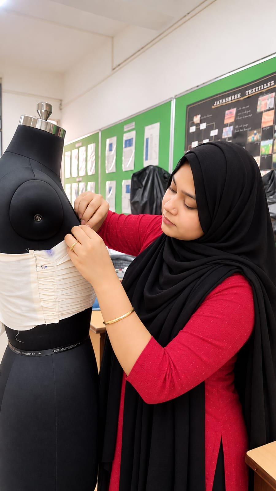 Hasina Layek draping a toile on a dress form at the studio